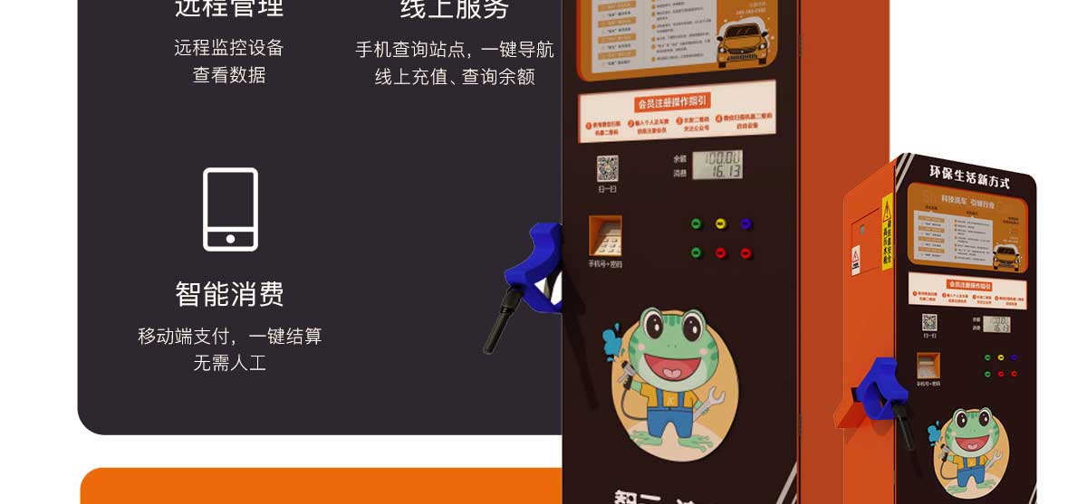 潔車環保智能洗車機,采用全新物聯網平臺,讓洗車不再需要人工.掃描二維碼洗車,清水，泡沫,吸塵,洗手.后臺監控洗車機實時數據.